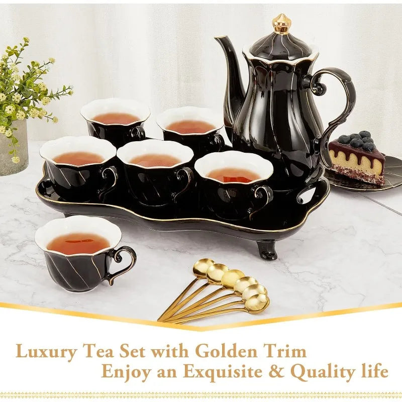 14 pcs Tea Set for 6 with Tea Tray & Spoons, Luxury British Style Tea/Coffee Cup Set with Golden Trim