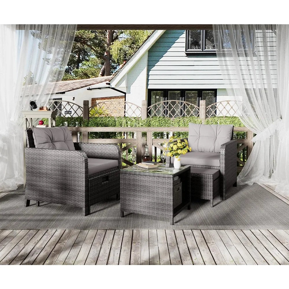 5 Piece Patio Conversation Set, Wicker Rattan Lounge Chairs with Soft Cushions