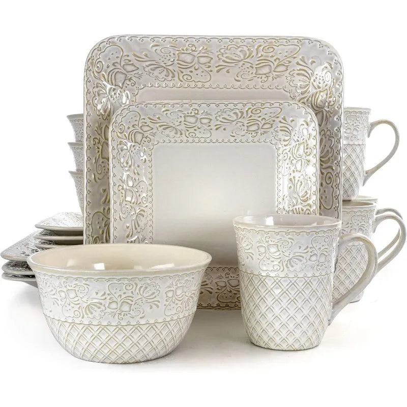 16 Piece Contemporary Square Embossed Stoneware Dinnerware Set