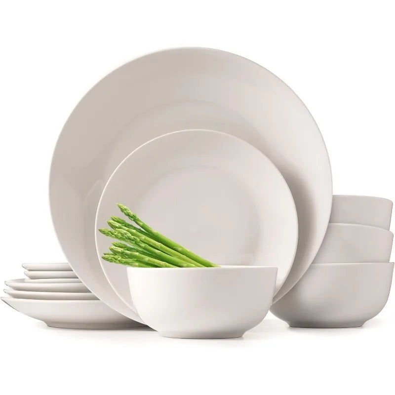 Fine Porcelain Dinnerware Set, Plates and Bowls Set, 12-Piece Service for 4