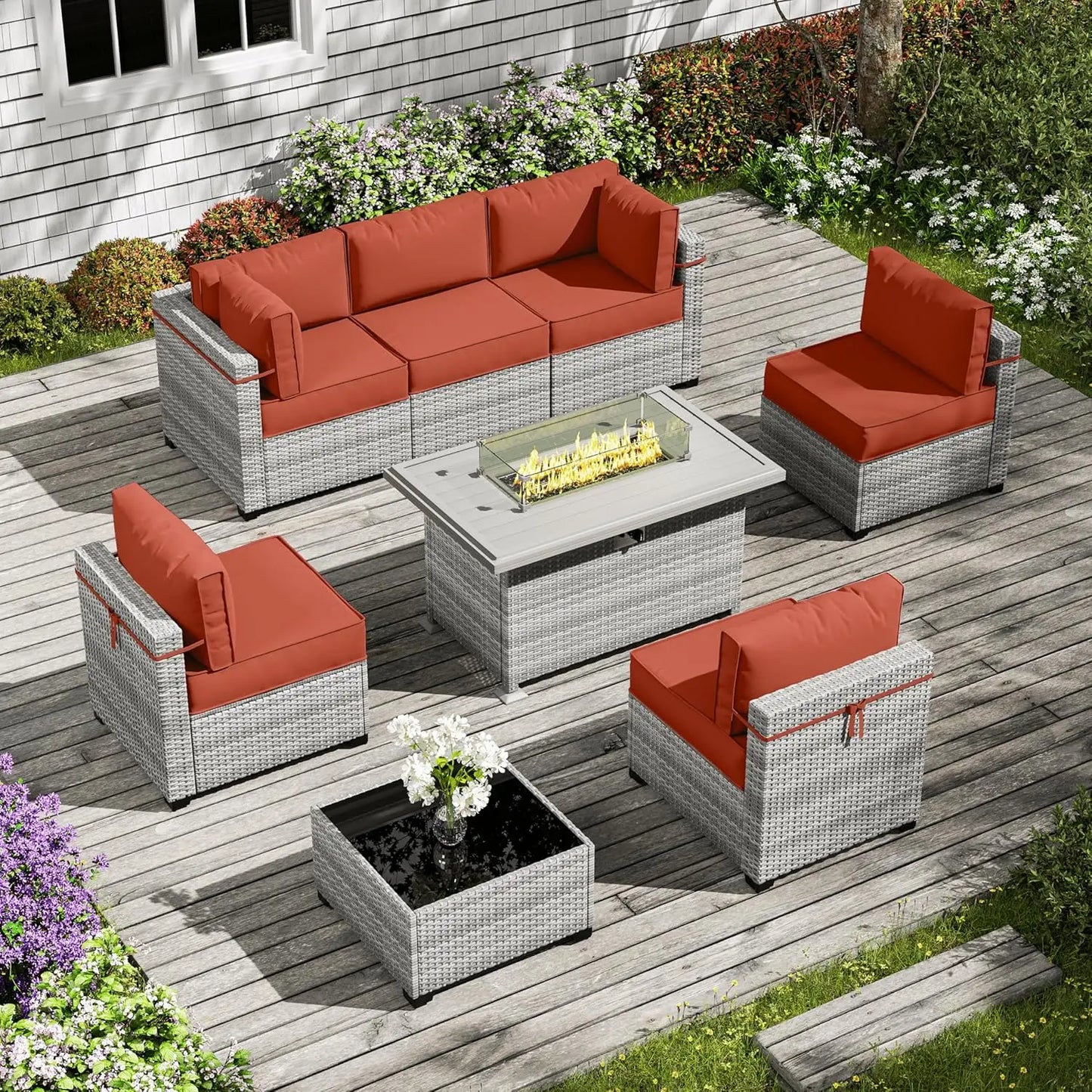 8 Piece Wicker Patio Furniture Set Includes 4 Center Sofas, 2 Corner Sofas, 1 Gas Fireplace Table, And A Tempered Glass Coffee Table