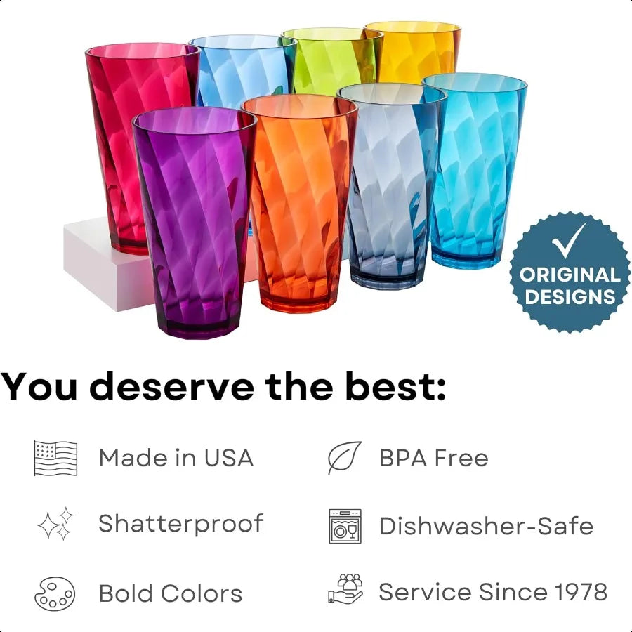 Set of 8, 20oz Optix Plastic Drinking Glasses in Jewel Tone Colors