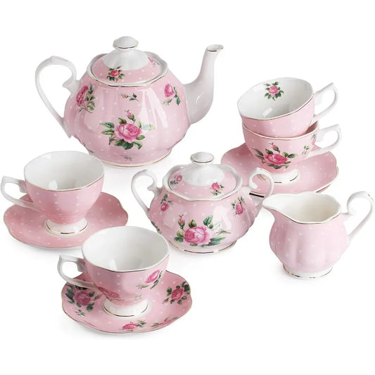 Floral Tea cups (8oz), Tea Pot (38oz), Creamer and Sugar Set, Gift box, Cups and Saucer Set