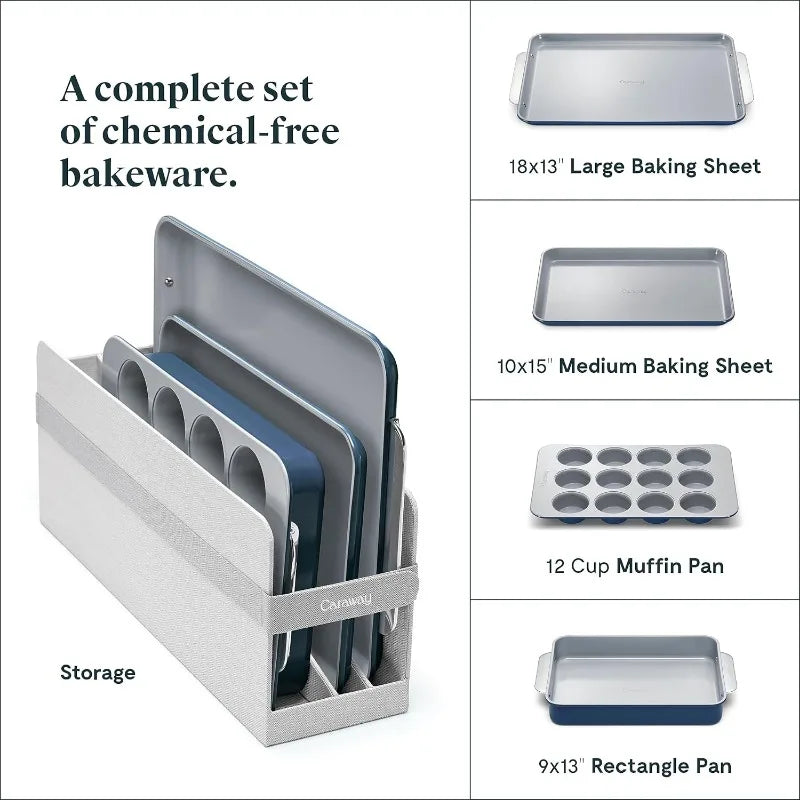 Nonstick Ceramic Bakeware Set (11 Pieces) - Baking Sheets, Assorted Baking Pans, Cooling Rack, & Storage