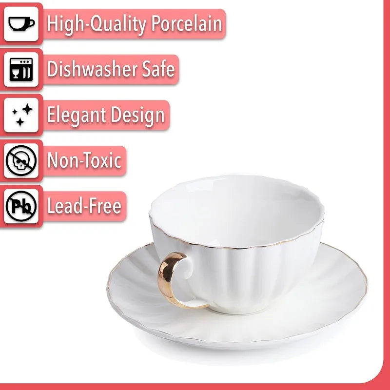 Tea Cups and Saucers, Set of 6 (7 oz) with Gold Trim and Gift Box, White