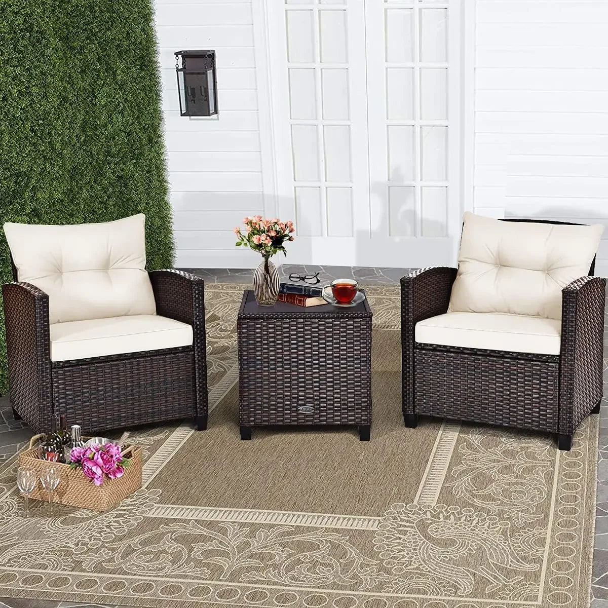 3 Piece Outdoor Rattan Sofa Set with Tempered Glass Tabletop