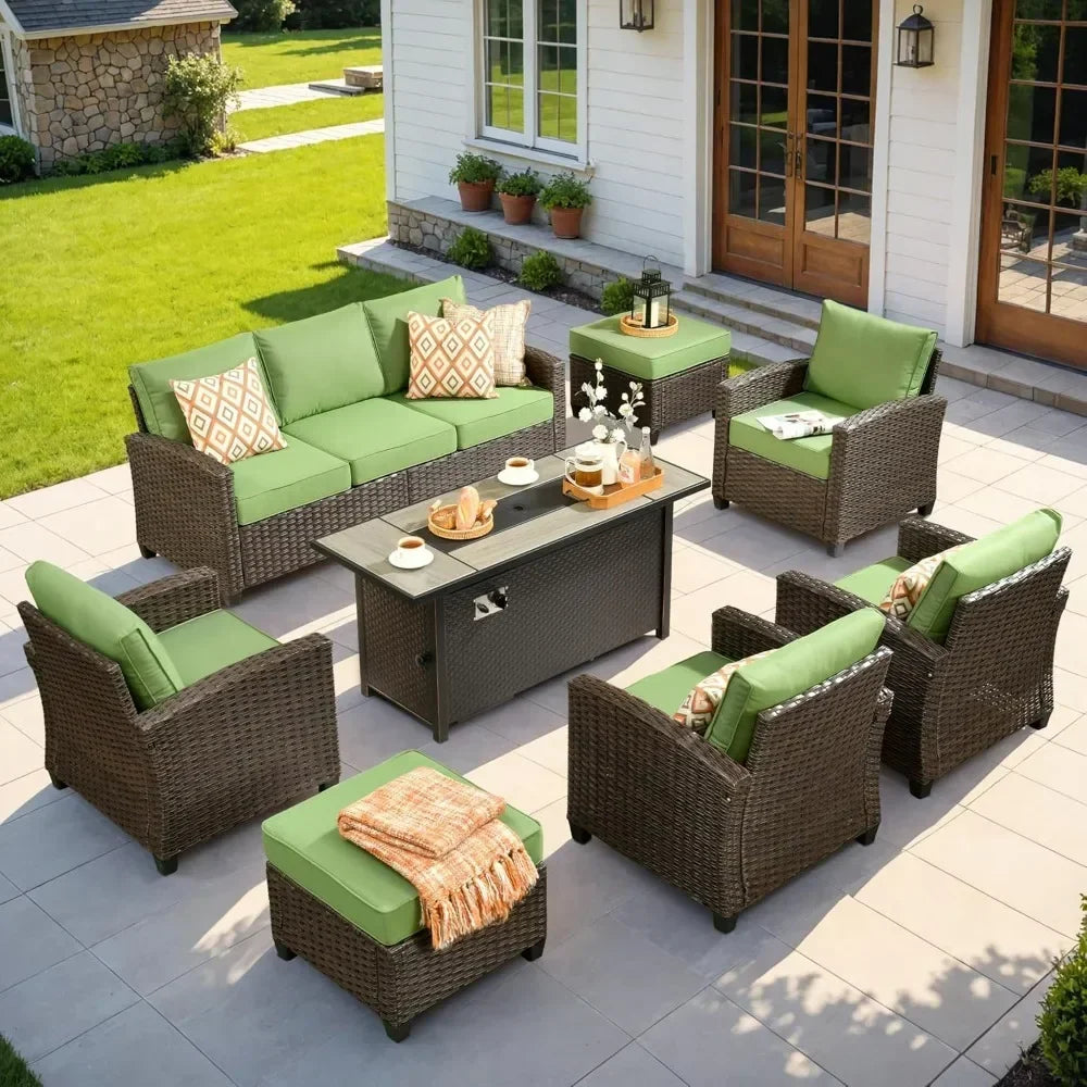 8 pcs Brown Wicker Patio Furniture Set with 54" Fire Pit Table