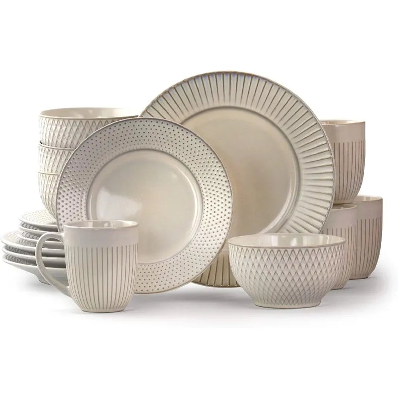 Contemporary Round Embossed Stoneware Dinnerware Dish Set, 16 Piece, White