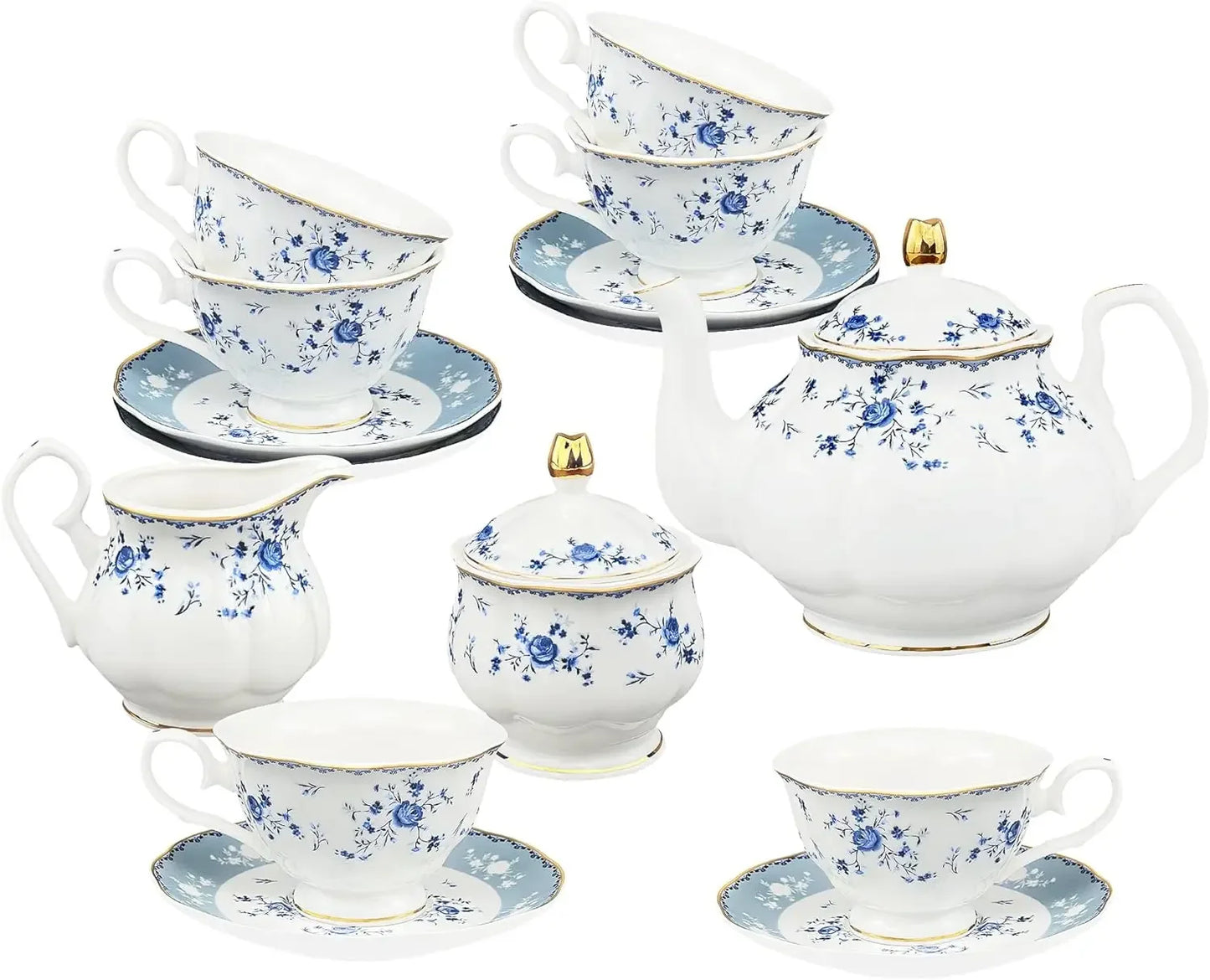 21 Piece Floral Porcelain , British Tea Cup and Saucer Set for 6