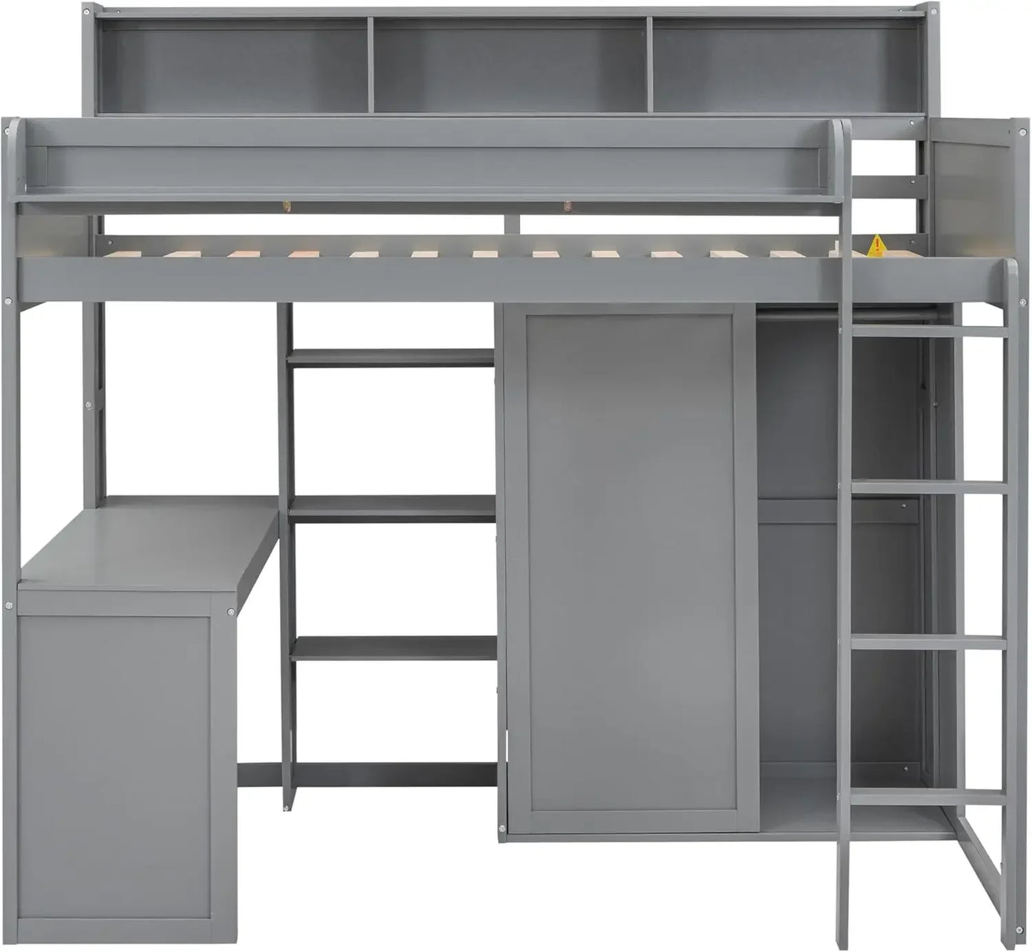 Solid Wood High Loft Bed Frame with Desk & Wardrobe