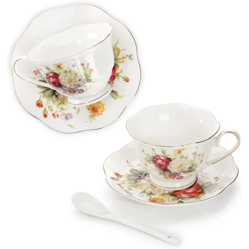 Floral Tea Cups and Saucers Set of 6, with Gold Trim, 6 oz