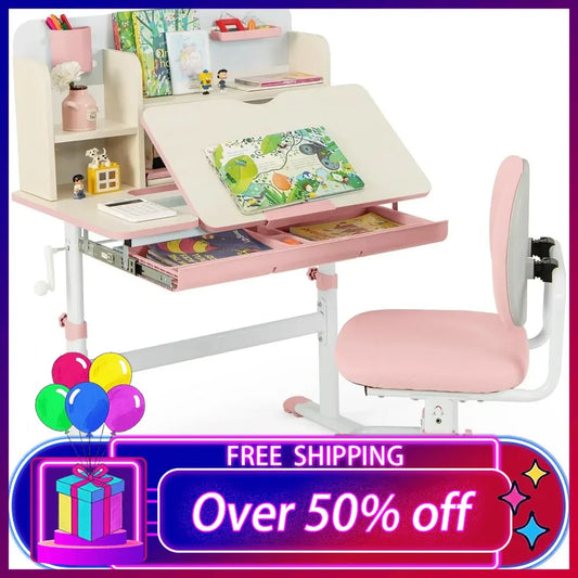 Height Adjustable Kids Desk and Chair Set w/Tilt Desktop, Drawer Hutch, Pen Holder