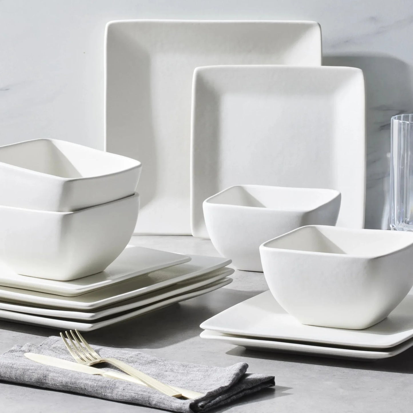 12-Piece Square Stoneware Dinner Set, Cream