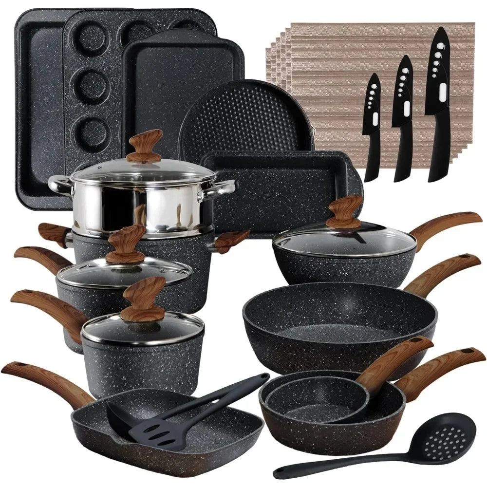 30 Piece Black Granite Kitchen Induction Cookware & Bakeware Set