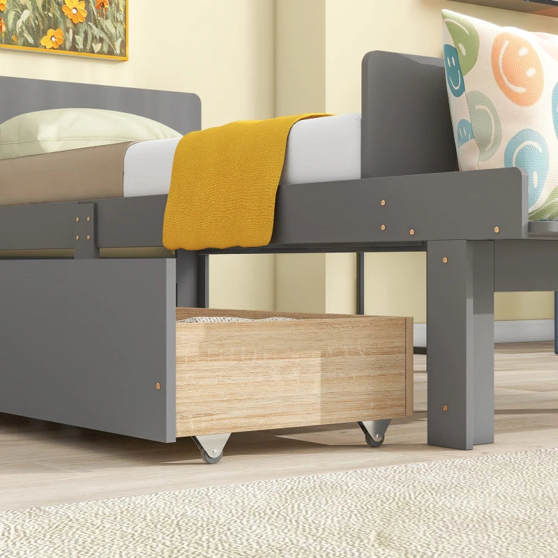 Twin Bed with Footboard Bench, 2 storage drawers, Grey