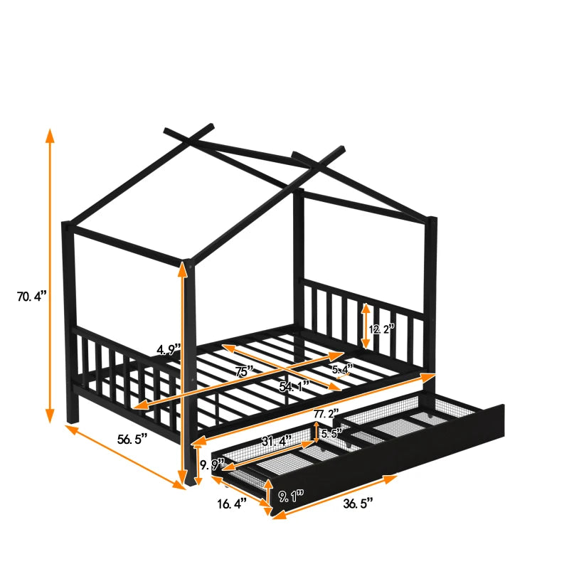 Wooden House Bed Frame for Kids with Ample Storage Options, Roof Design