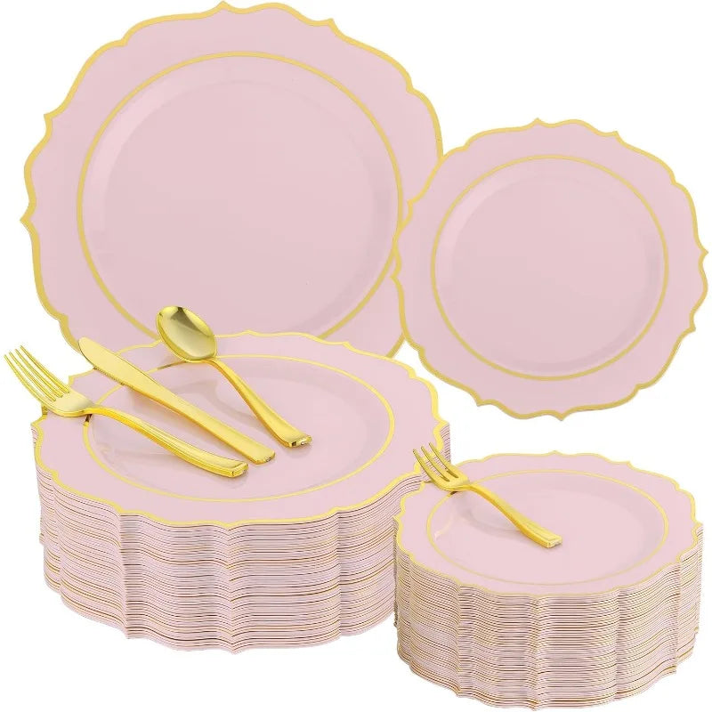 300 PCS Pink Dinnerware Set for 50 Guests,Heavy Duty Plastic Disposable Plates