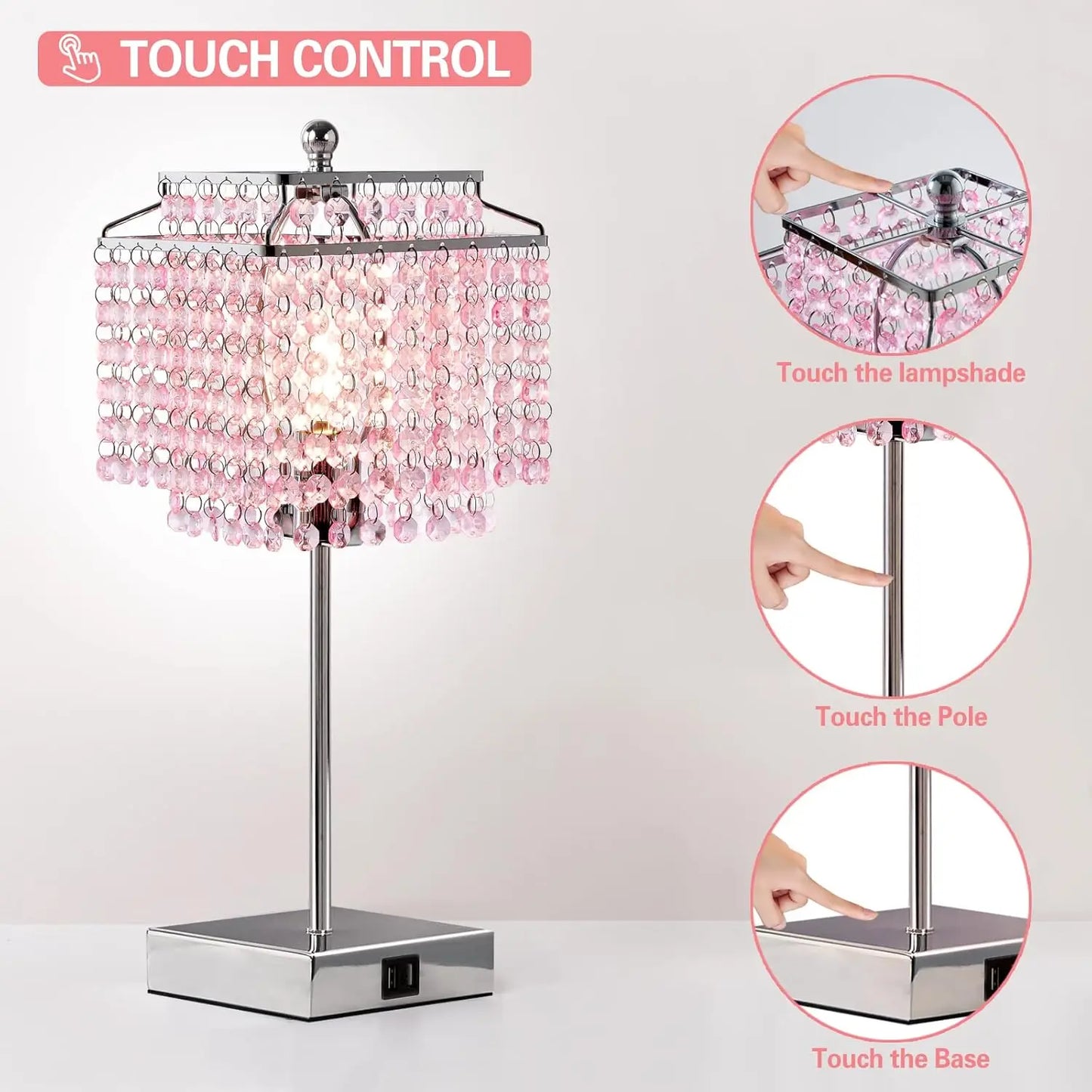 Set of 2, Pink Crystal Bedside Table Lamps, Touch Control , 3-Way Dimmable