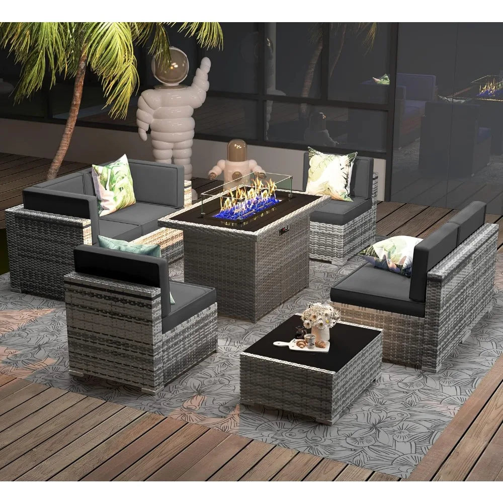 8 Piece Patio Furniture Set with 44 inch Propane Gas Fire Pit Table