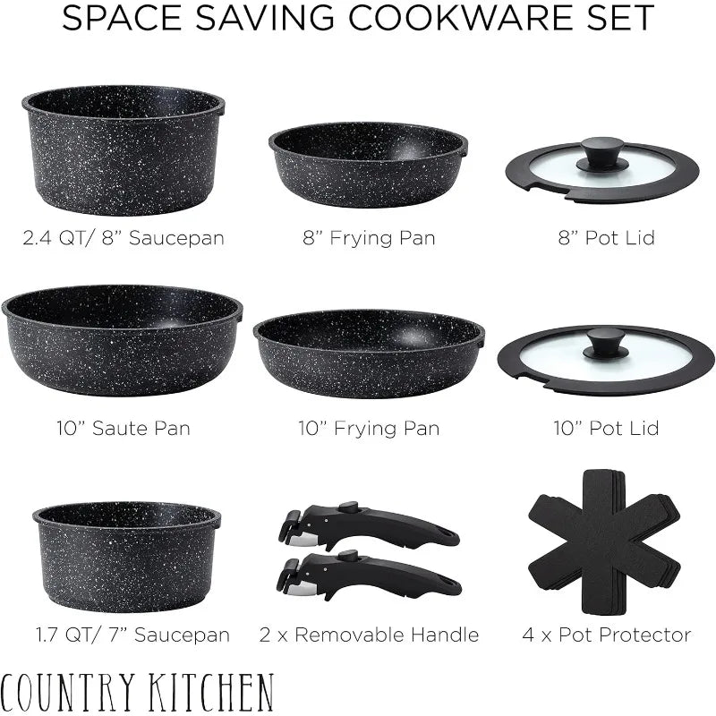 16 Piece Healthy Safe Ceramic Nonstick Kitchen Cookware with Soft Touch Removable Handle