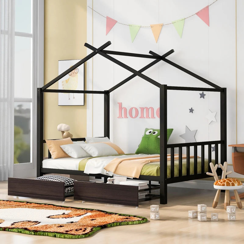 Full Size, Roof Design, Wood House Bed Frame, for Kids