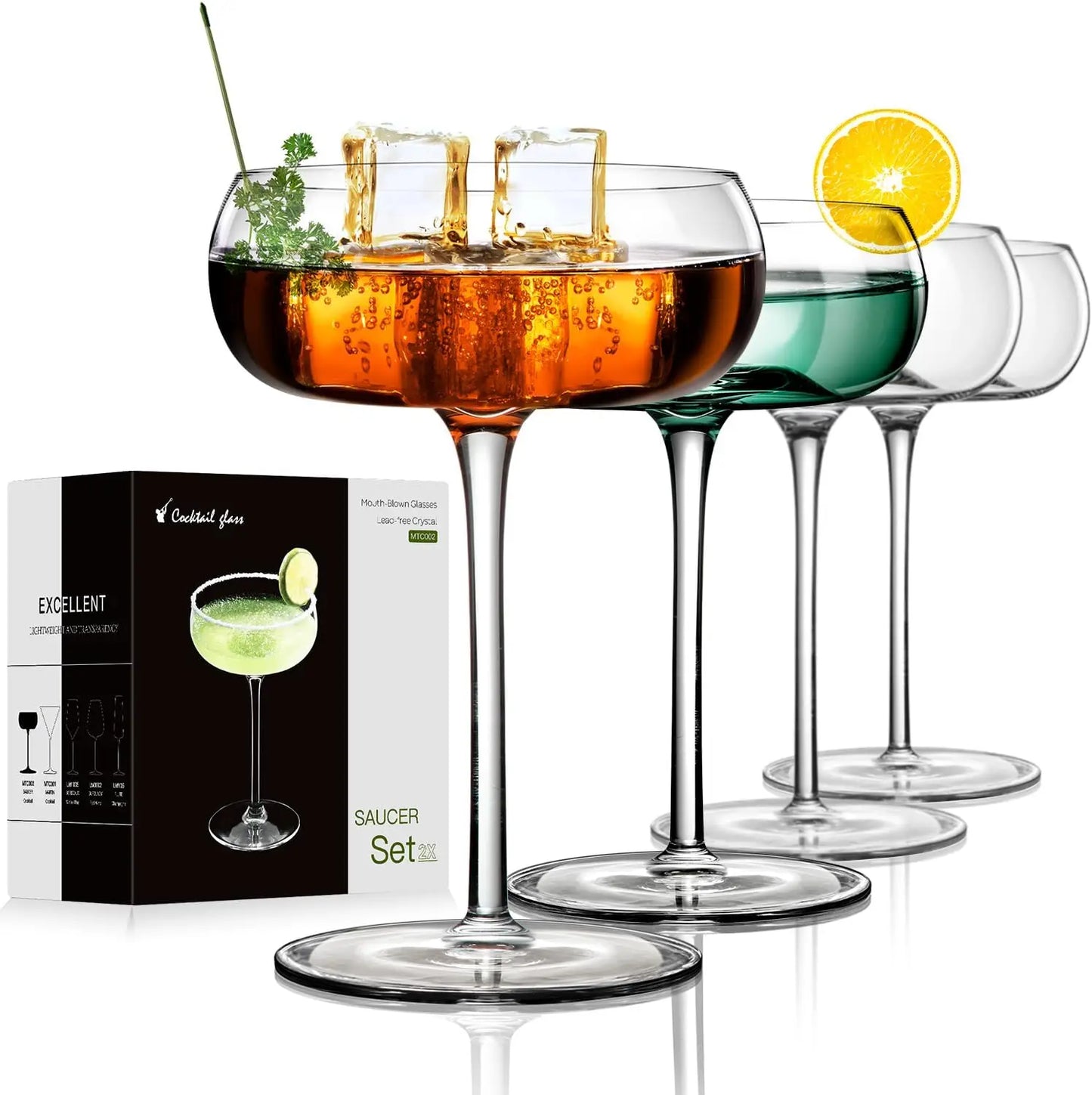 Set Of 4, 8 Oz Hand Blown Fancy Champagne Coupe Cocktail Glasses