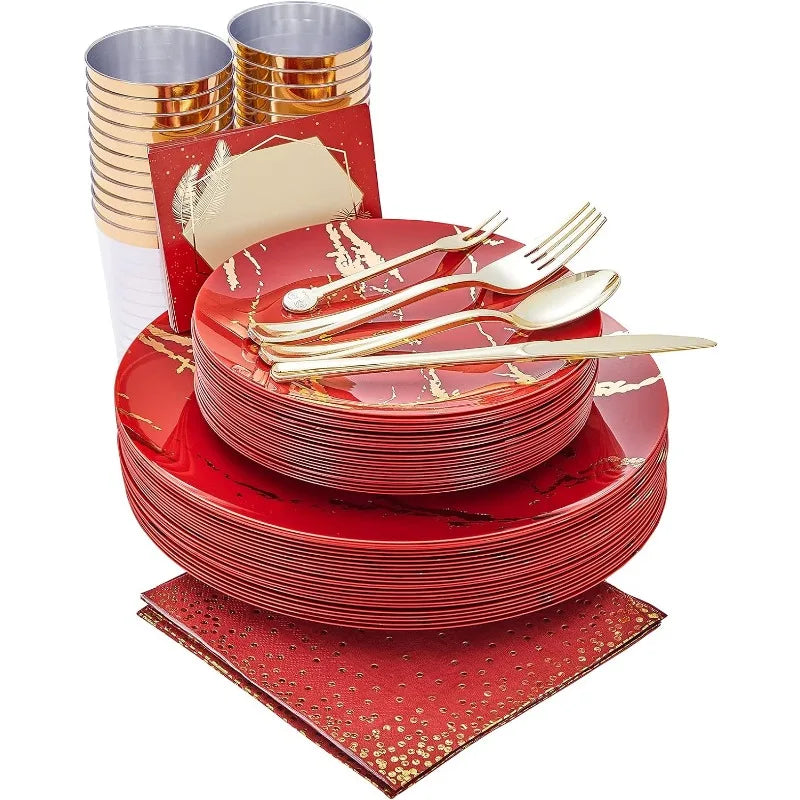 225pcs Plastic Plates, Disposable Dinnerware Set Include 25 Dinner Plates, 25 Dessert Plates