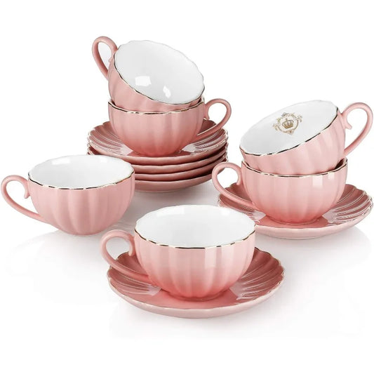 Set of 6 (8 oz)- Royal Tea Cups and Saucers, with Gold Trim and Gift Box, Porcelain Tea Set