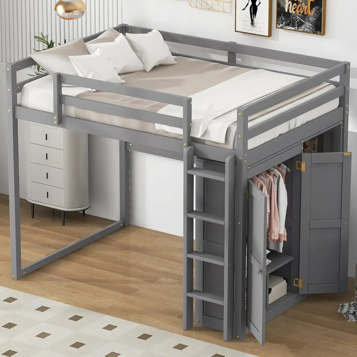 Full Size Loft Bed Frame with Wardrobe and Desk