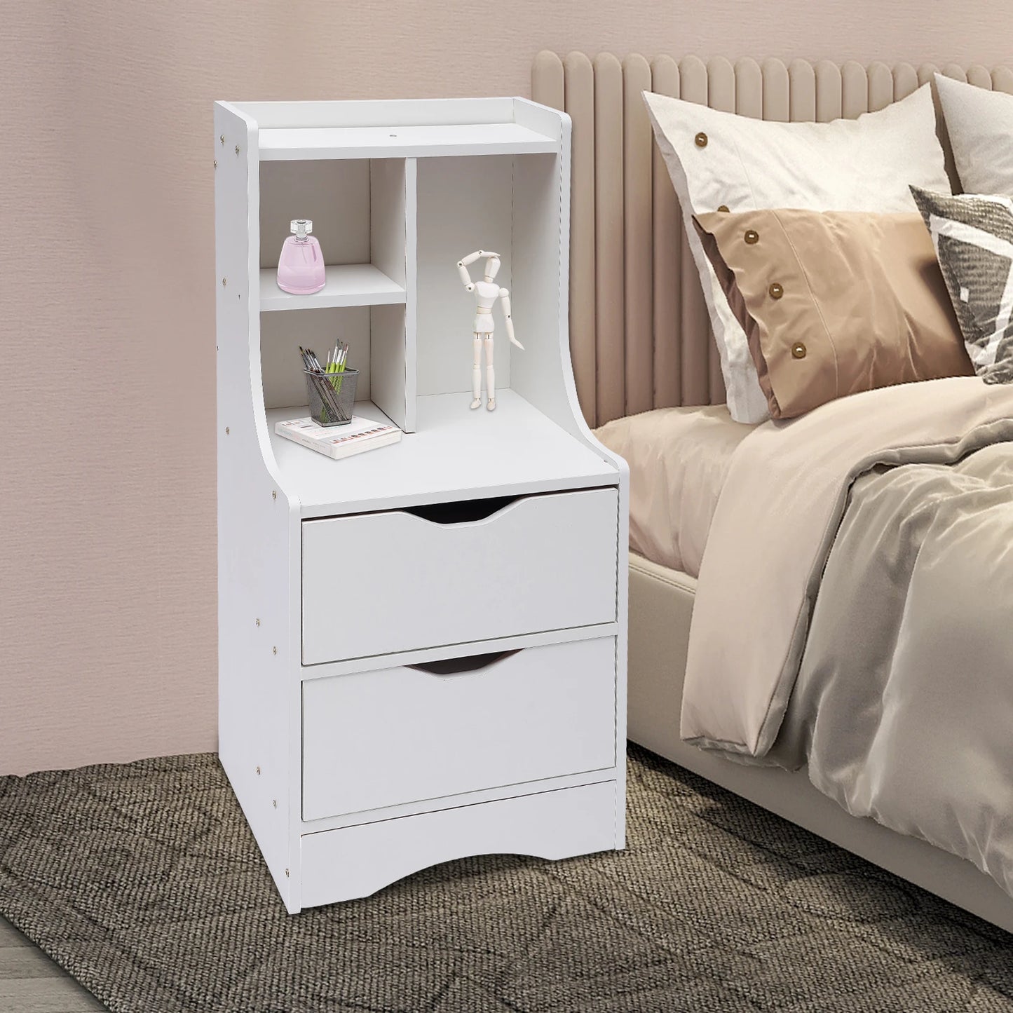 Wood Nightstand Side Table with 2 Drawers and Storage Shelves