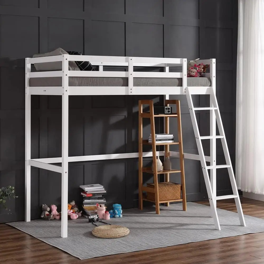 Twin Over Twin Solid Wood Bunk Bed Frame with Ladder and Guard Rail Space