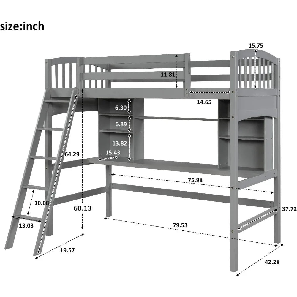 Solid Wood Loft Bed Frame with Desk