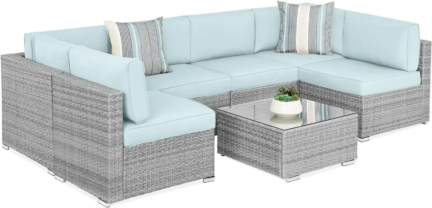 Modular Outdoor Sectional Wicker Patio Conversation Set w/ 2 Pillows, Coffee Table, Cover Included