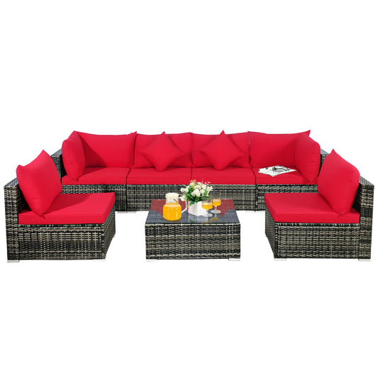 7-Piece Red Cushion Rattan Sectional Sofa Patio Set