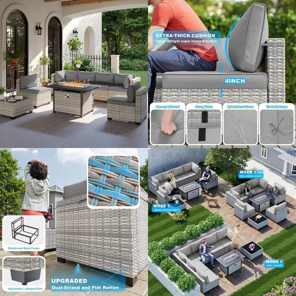 Modern 8-Piece Patio Set with 55k BTU Fire Pit, Grey