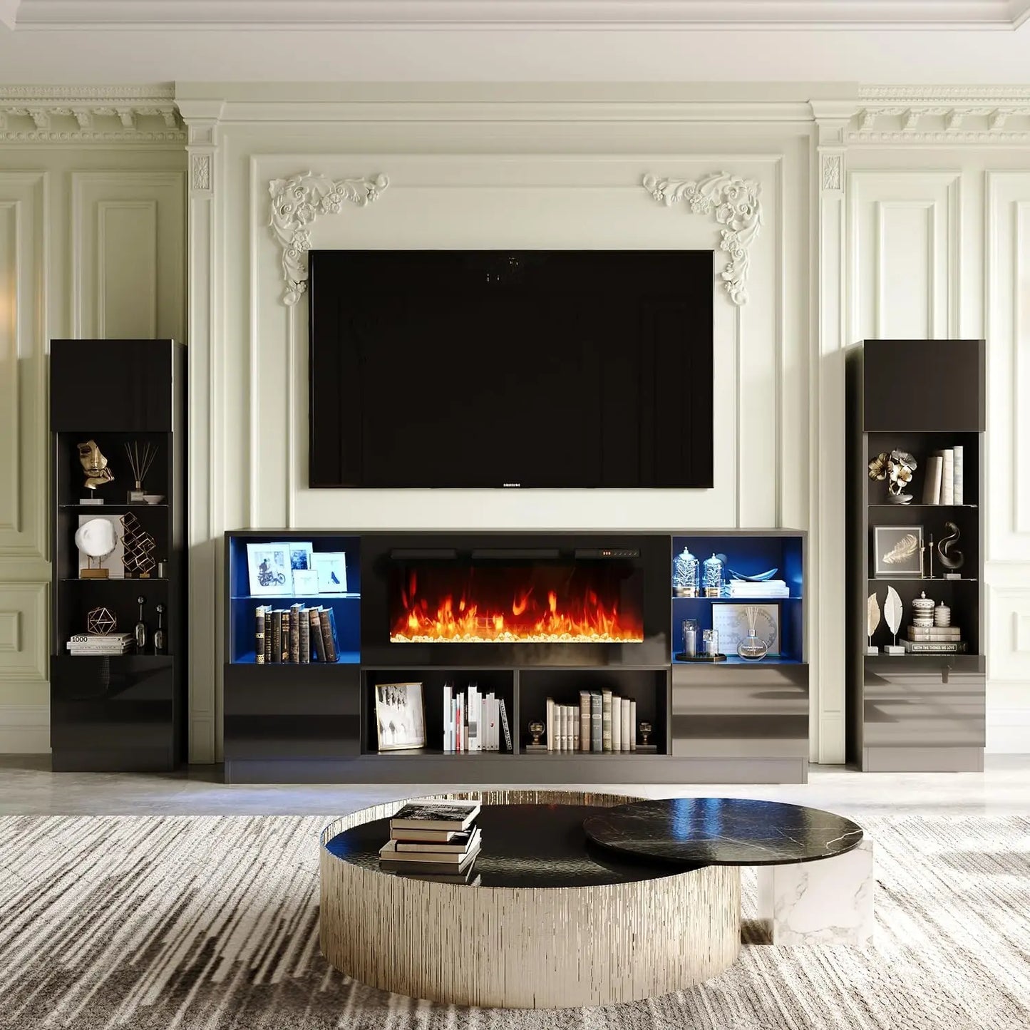 Fireplace TV Stand with 36” Electric Fireplace, 70” TV Console Stand for TVs Up to 80", LED Lights, Entertainment Center,