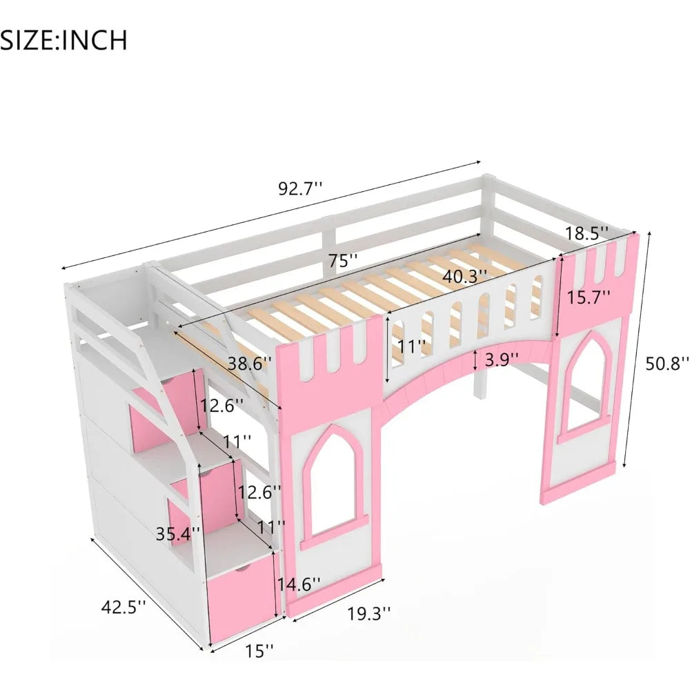 Twin Size Wood Playhouse Bed Frame with Storage