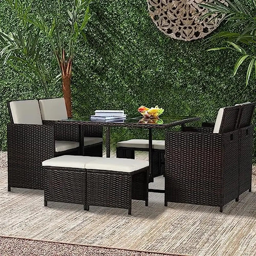 9-Piece Space-Saving Patio Dining Set with Glass Table Top