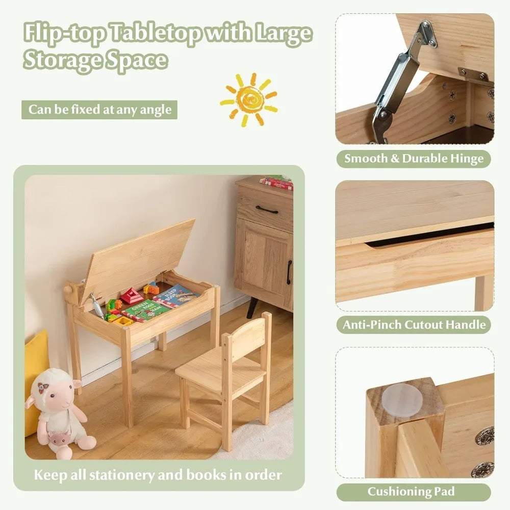 Kid's Wooden Lift-Top Desk & Chair Activity Table Set with Storage, Paper Roll Holder & Pen Slot