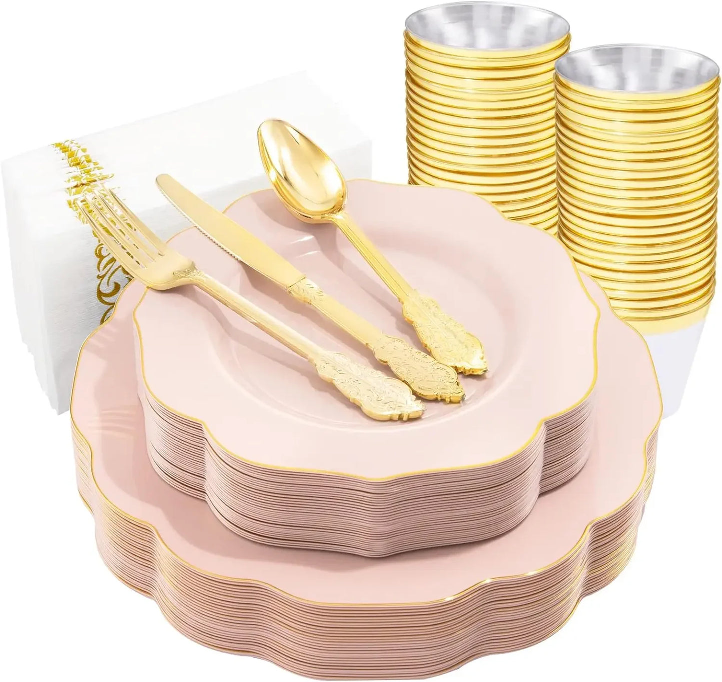 175PCS Pink Pink Plates with Gold Disposable Silverware - Include 50 Plates,25 Knives,25 Forks,25 Spoons,25 Cups and 25 Napkins