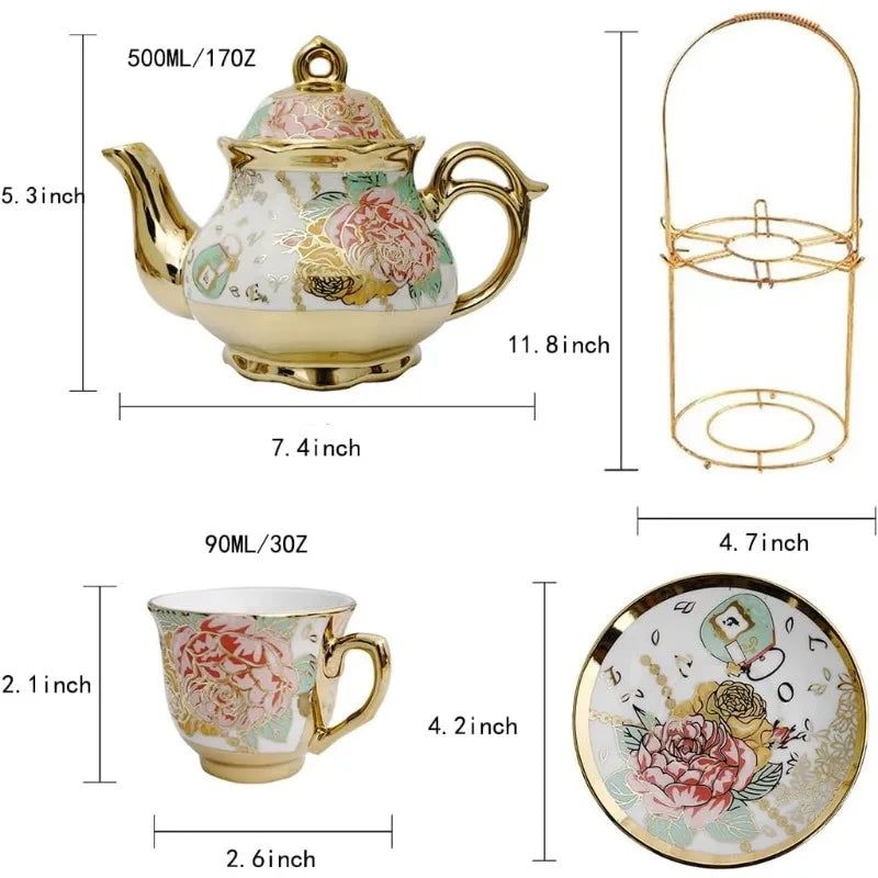 Gold Plated Red Rose Ceramic Vintage Tea Set, with Teapot