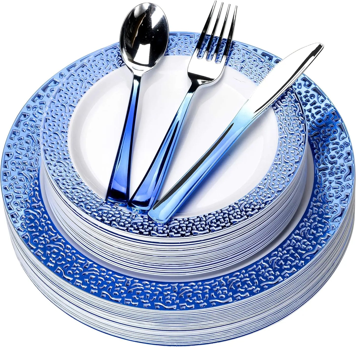 Royal Blue Plastic Plates And Blue Silver Silverware - 125 Pcs Disposable Premium Plastic Dinnerware Set – Reusable