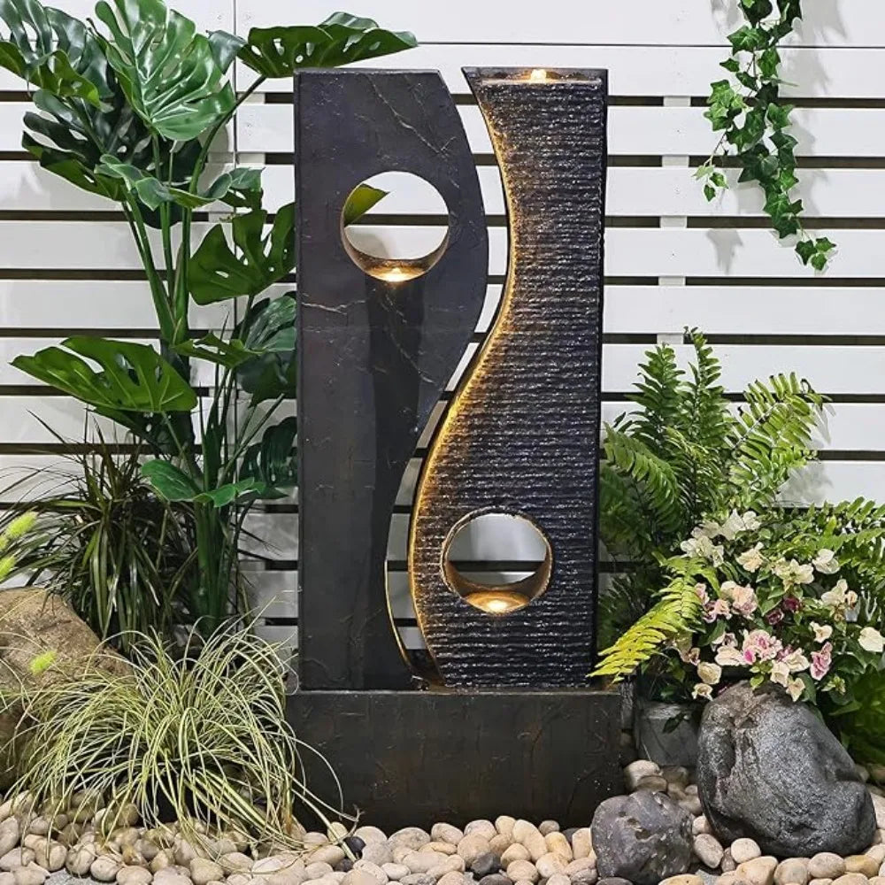 47 Inch Outdoor Fountain with LED Light Strip, Dark Gray, Imitation Rust Finish