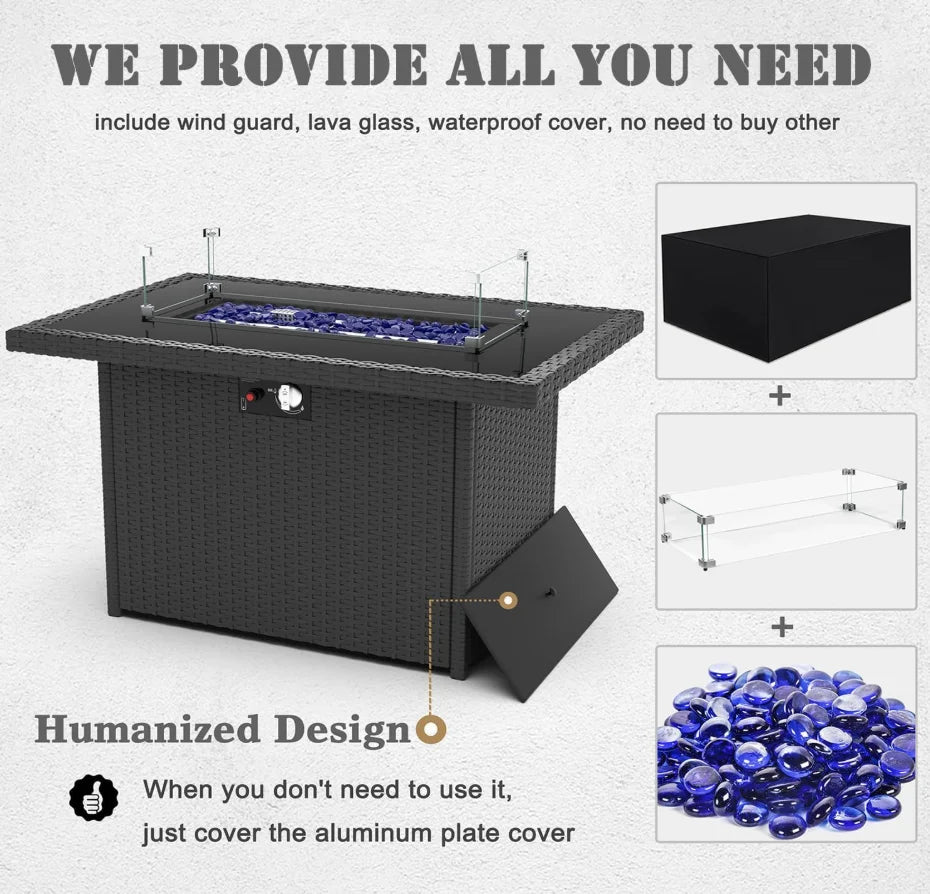 8 Piece Patio Set with 44" Propane Gas Fire Pit Table, Black