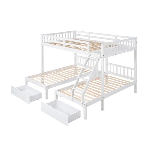 Wood Full over Twin & Twin Bunk Bed,Triple Bunk Bed with Drawers