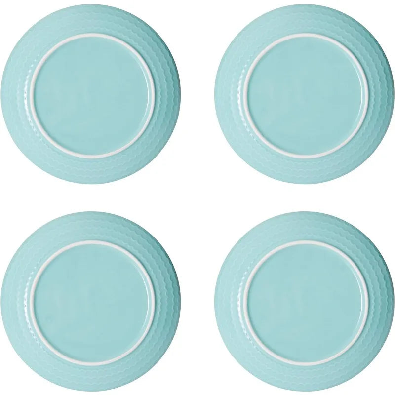 Aqua/White -16-Piece Stoneware Dinnerware Set, Service for 4, Dishwasher and Microwave Safe,