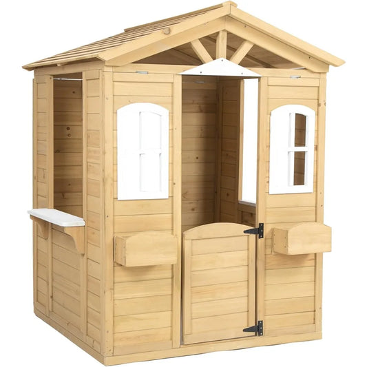 Country Style Playhouse with Working Door, Service Stations, Natural,39" L X 38" W X 55.5" H