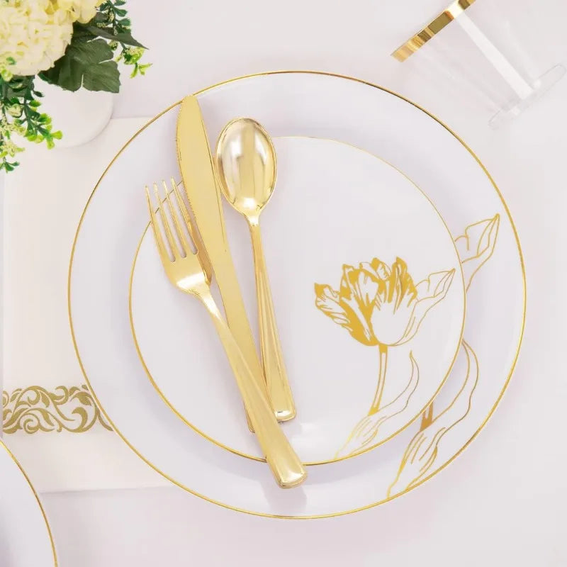 175PCS Floral Gold Disposable Plates