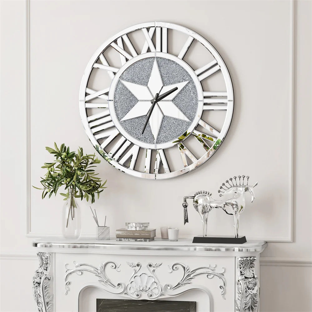 Battery Operated Decorative Silver Glass Crush Diamond Wall Clock with Roman Numerals