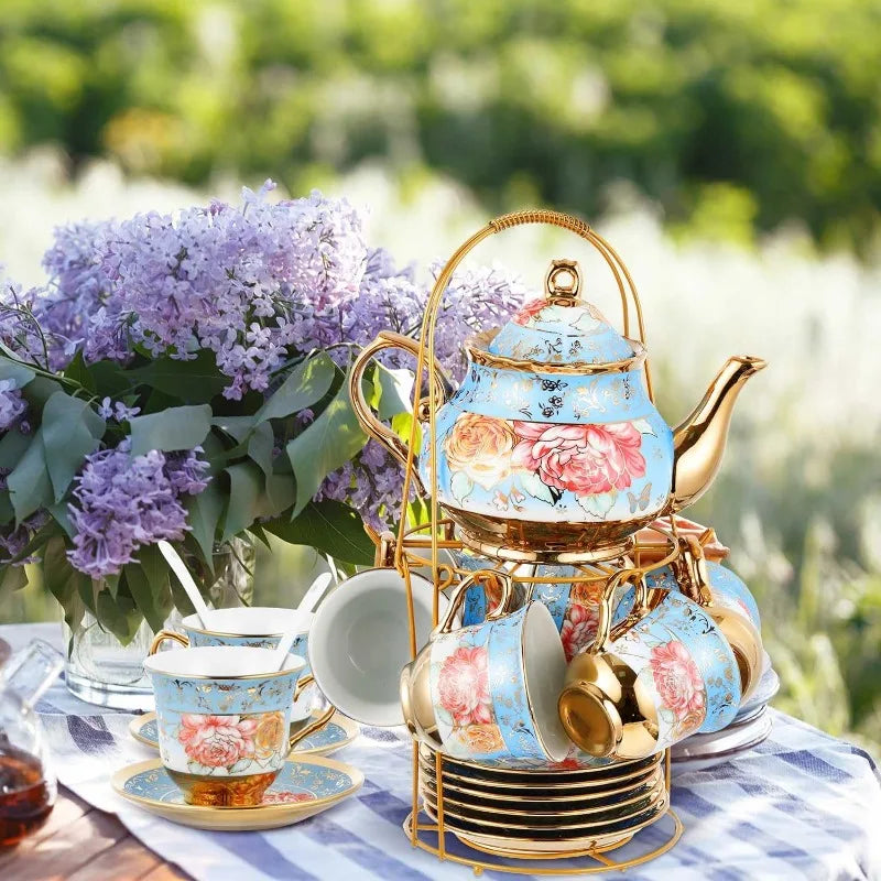 20 Pcs European Porcelain Tea Set with Metal Holder, Service for 6